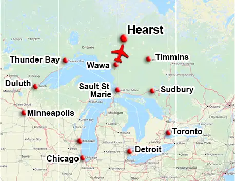 Wawa charter flight route to Hearst Ontario